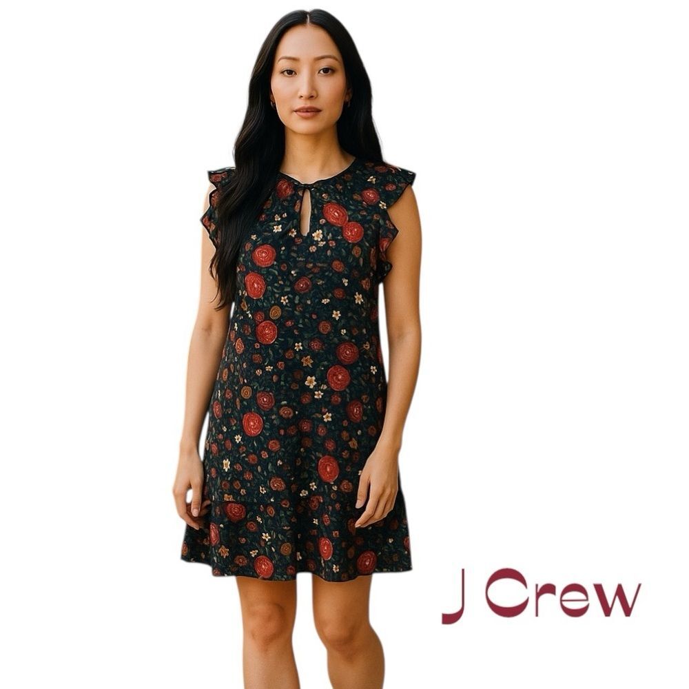 J Crew Black Red Floral Ruffle Dress NWOT Size XXS CottageCore Feminine